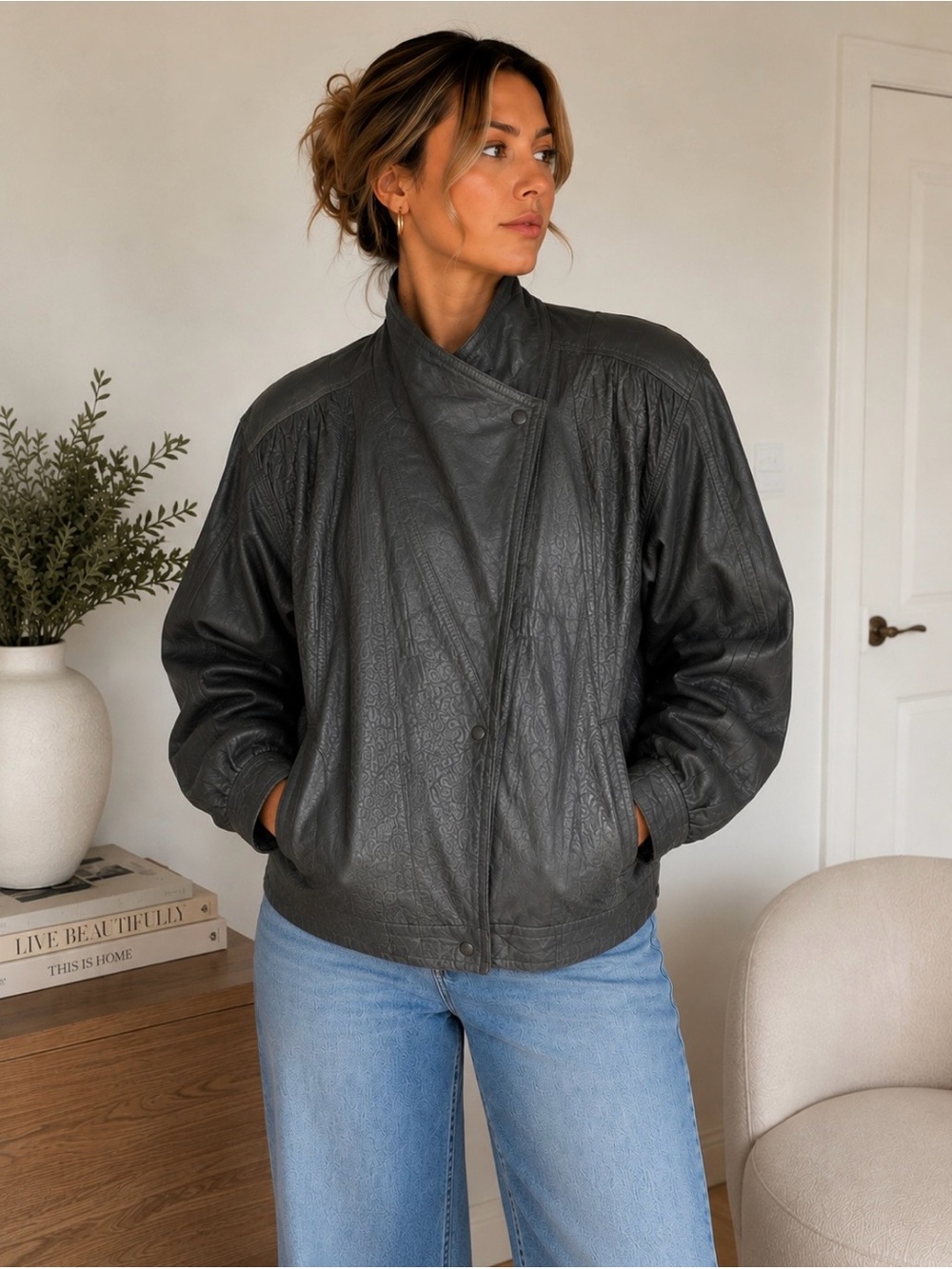 Vintage Grey Leather Moto Jacket